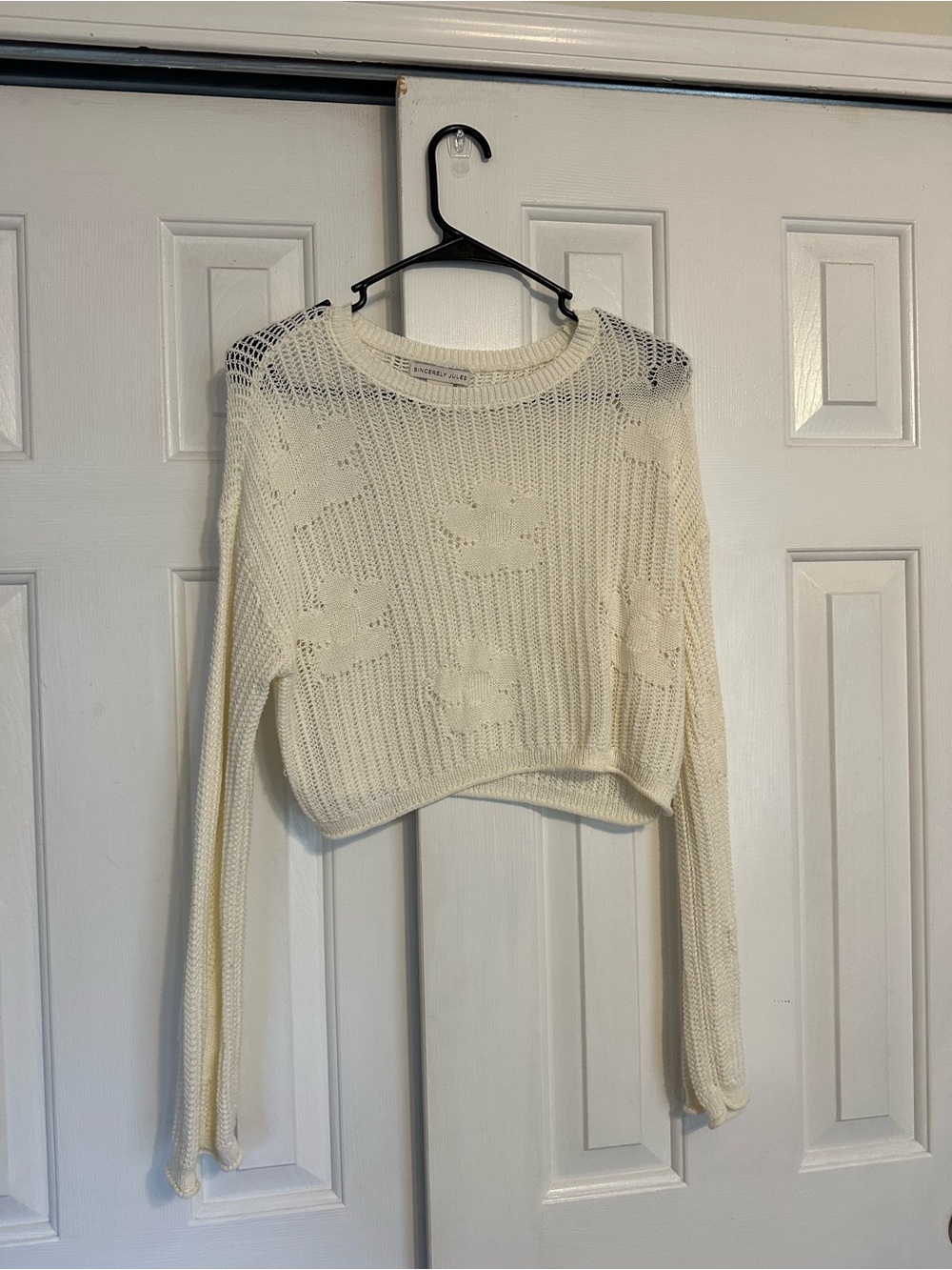 Cream Cropped Knit Sweater with Floral Openwork